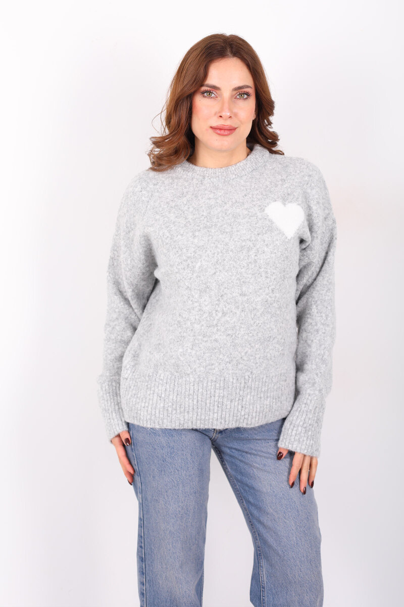 Bisiklet Yaka Kalp Detaylı Gri Kadın Triko Kazak - 6