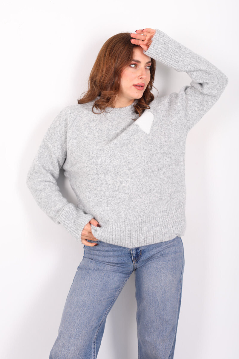 Bisiklet Yaka Kalp Detaylı Gri Kadın Triko Kazak - 3