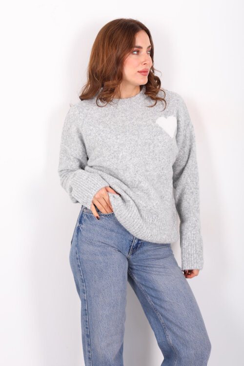 Bisiklet Yaka Kalp Detaylı Gri Kadın Triko Kazak - Berox