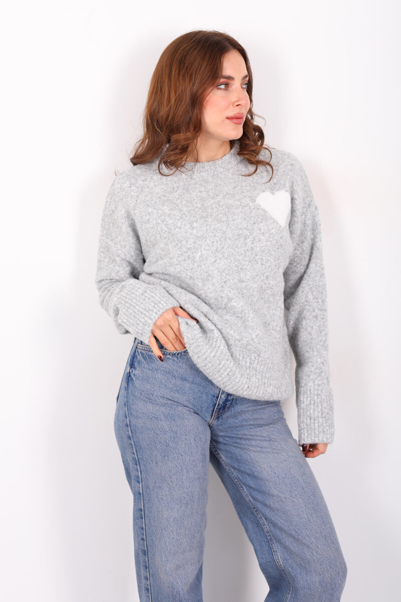 Bisiklet Yaka Kalp Detaylı Gri Kadın Triko Kazak - 1