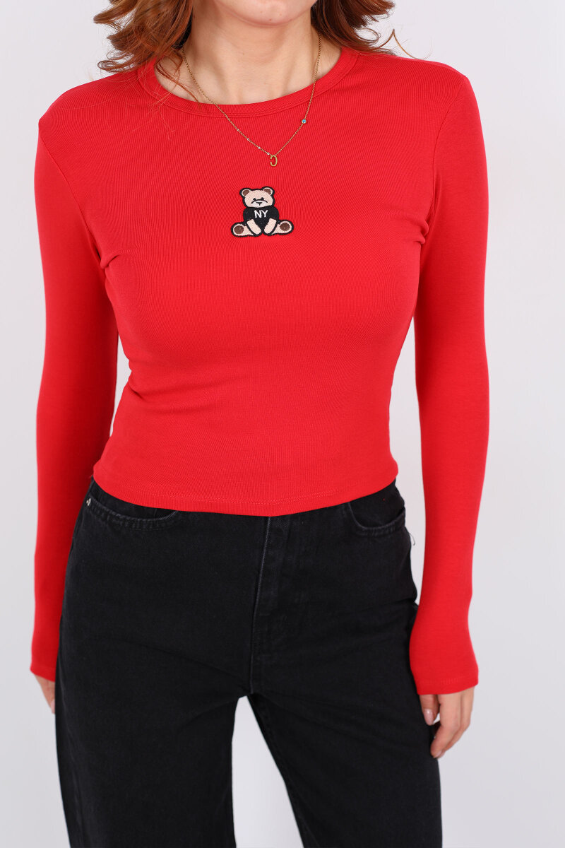 Bisiklet Yaka Kırmızı Kadın Ayıcık Nakışlı Body - 2