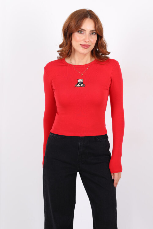 Bisiklet Yaka Kırmızı Kadın Ayıcık Nakışlı Body - 3