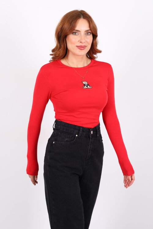 Bisiklet Yaka Kırmızı Kadın Ayıcık Nakışlı Body - Berox