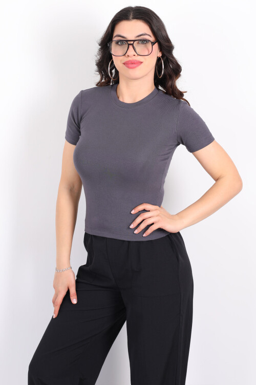 Bisiklet Yaka Kısa Kol Antrasit Kadın Modal Body 