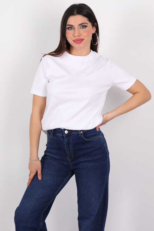 Bisiklet Yaka Kısa Kol Basic Beyaz Kadın T-Shirt 