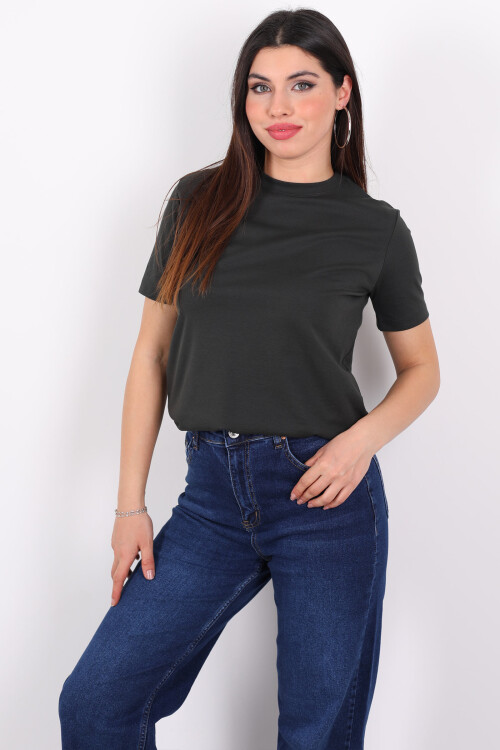 Bisiklet Yaka Kısa Kol Basic Haki Kadın T-Shirt 