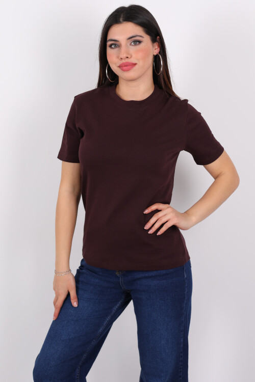 Bisiklet Yaka Kısa Kol Basic Mürdüm Kadın T-Shirt - 4