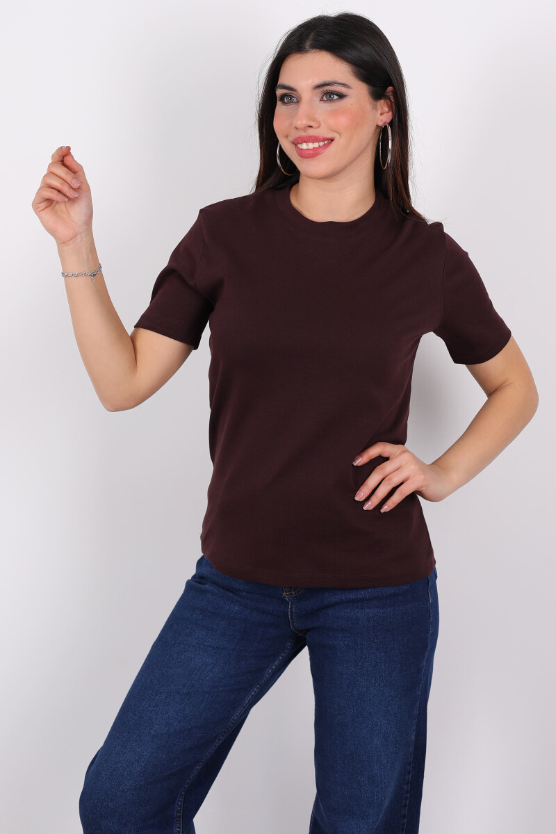 Bisiklet Yaka Kısa Kol Basic Mürdüm Kadın T-Shirt - 1