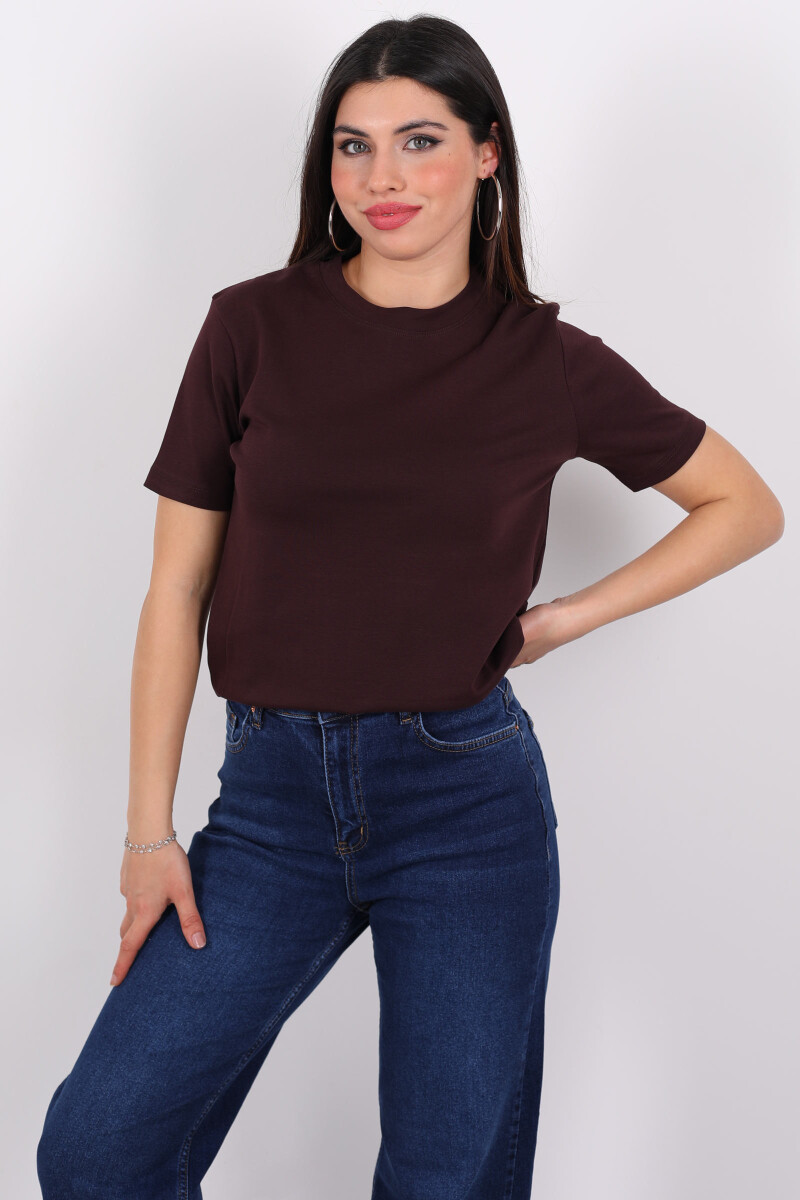 Bisiklet Yaka Kısa Kol Basic Mürdüm Kadın T-Shirt - 3