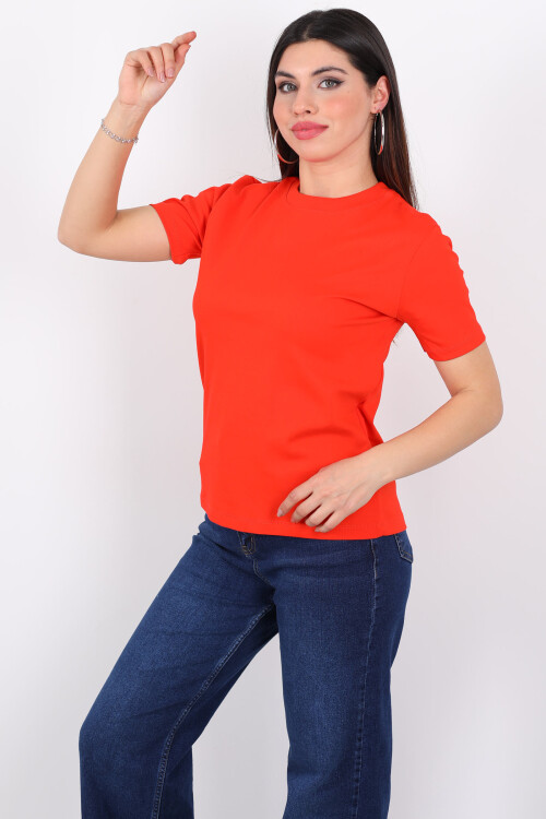 Bisiklet Yaka Kısa Kol Basic Turuncu Kadın T-Shirt 