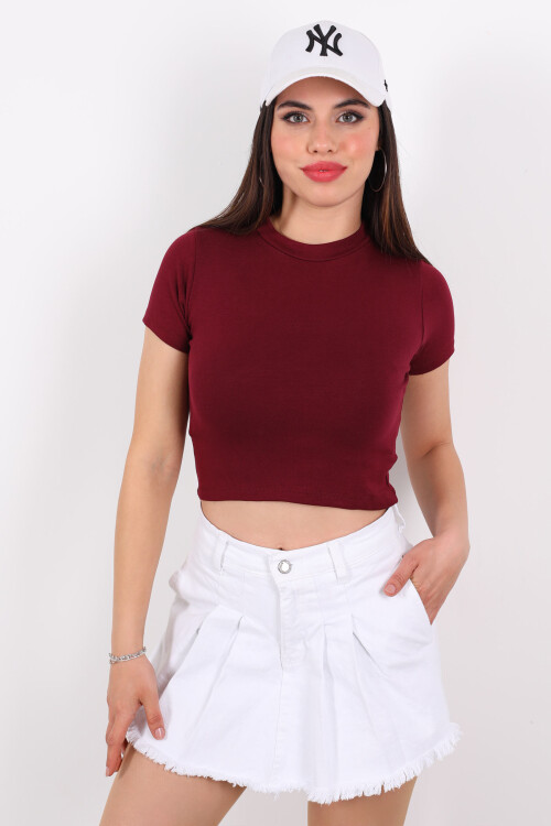 Bisiklet Yaka Kısa Kol Bordo Kadın Crop 