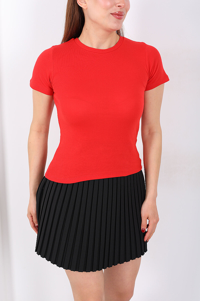 Bisiklet Yaka Kısa Kol Kadın Kırmızı Basic Body - 2