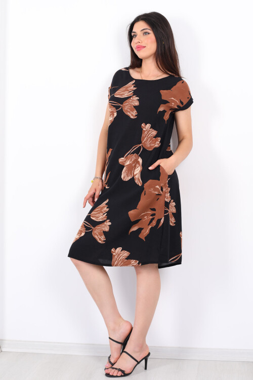Bisiklet Yaka Kısa Kol Kahverengi Yaprak Desenli Kadın Salaş Elbise - 4