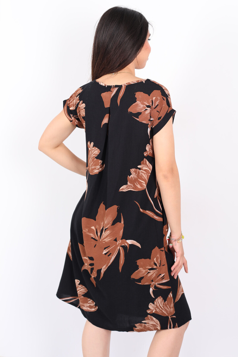 Bisiklet Yaka Kısa Kol Kahverengi Yaprak Desenli Kadın Salaş Elbise - 5