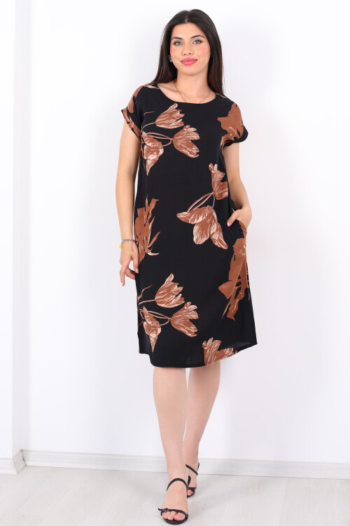 Bisiklet Yaka Kısa Kol Kahverengi Yaprak Desenli Kadın Salaş Elbise - Berox