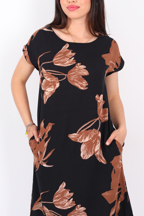 Bisiklet Yaka Kısa Kol Kahverengi Yaprak Desenli Kadın Salaş Elbise - Berox (1)