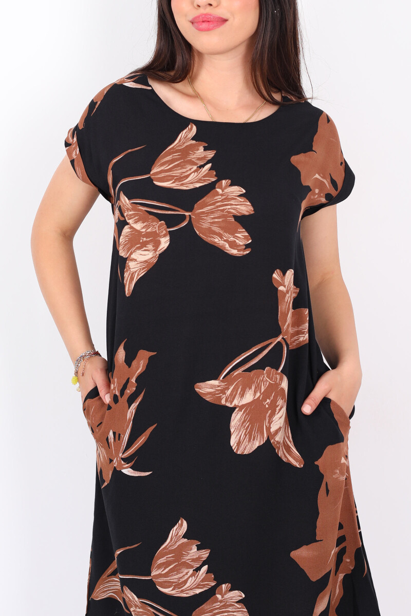Bisiklet Yaka Kısa Kol Kahverengi Yaprak Desenli Kadın Salaş Elbise - 2