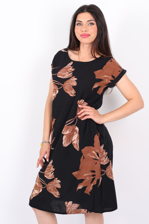 Bisiklet Yaka Kısa Kol Kahverengi Yaprak Desenli Kadın Salaş Elbise - 3