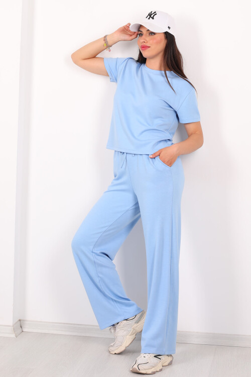Bisiklet Yaka Kısa Kol Modal Mavi Kadın Pantolon Takım - 3