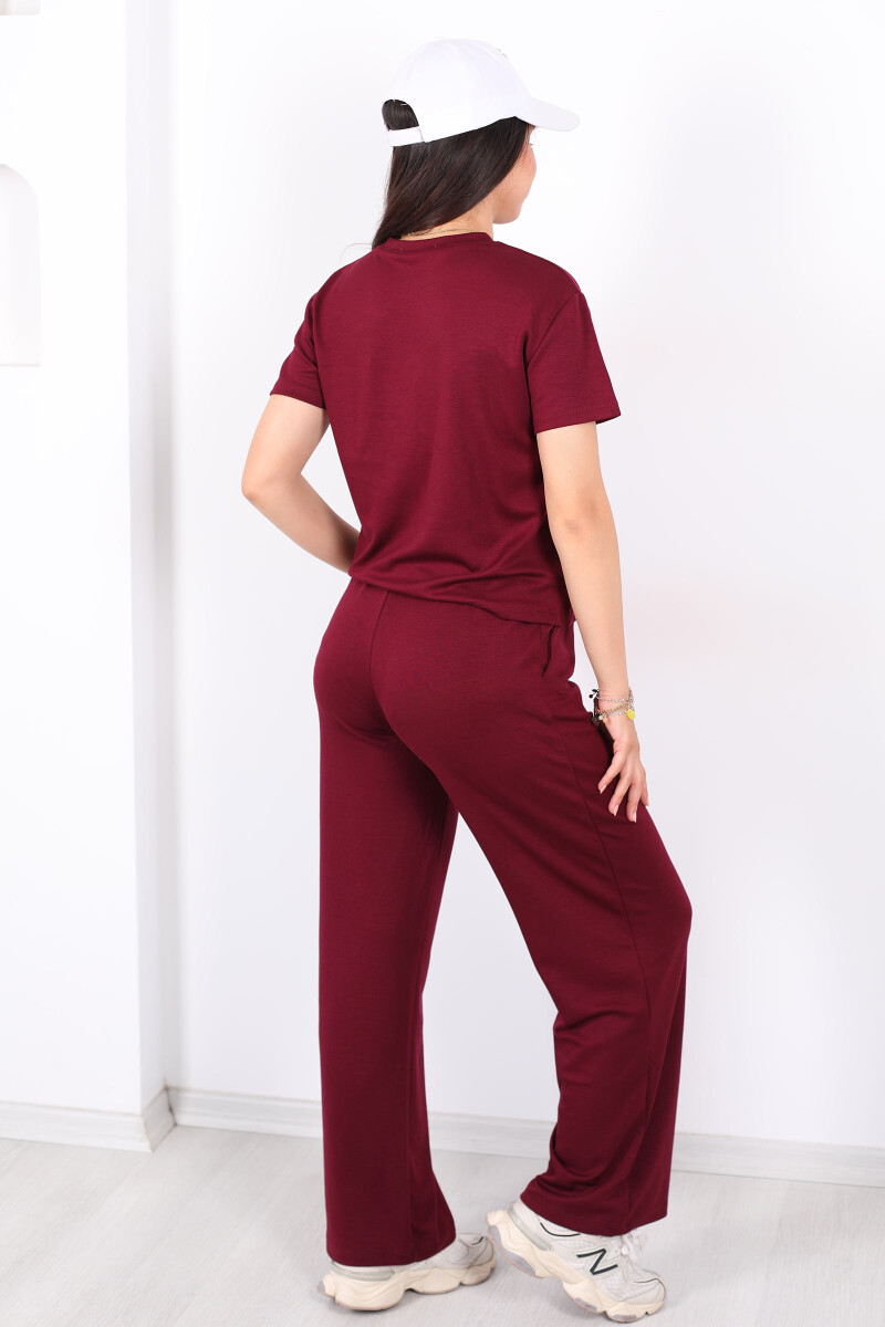Bisiklet Yaka Kısa Kol Modal Mürdüm Kadın Pantolon Takım - 5