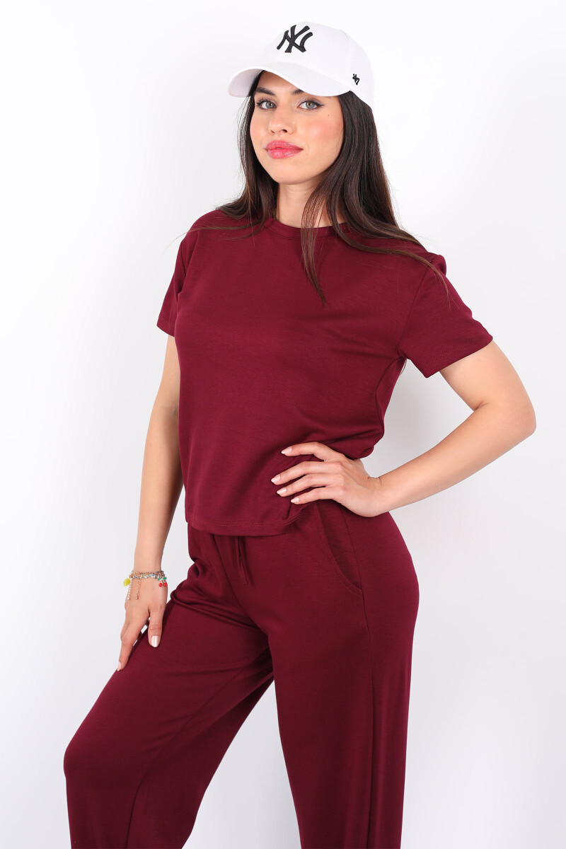Bisiklet Yaka Kısa Kol Modal Mürdüm Kadın Pantolon Takım - 3