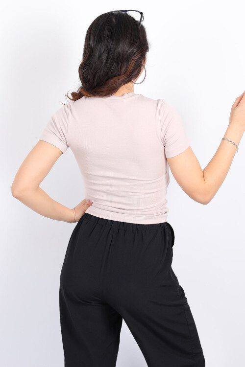 Bisiklet Yaka Kısa Kol Taş Rengi Kadın Modal Body - 2