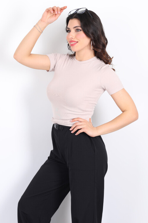 Bisiklet Yaka Kısa Kol Taş Rengi Kadın Modal Body - 1