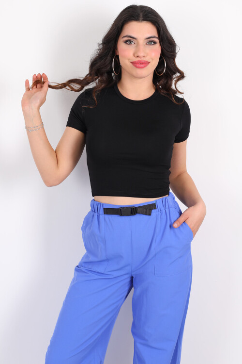 Bisiklet Yaka Kısa Kol Siyah Kadın Modal Crop - 3