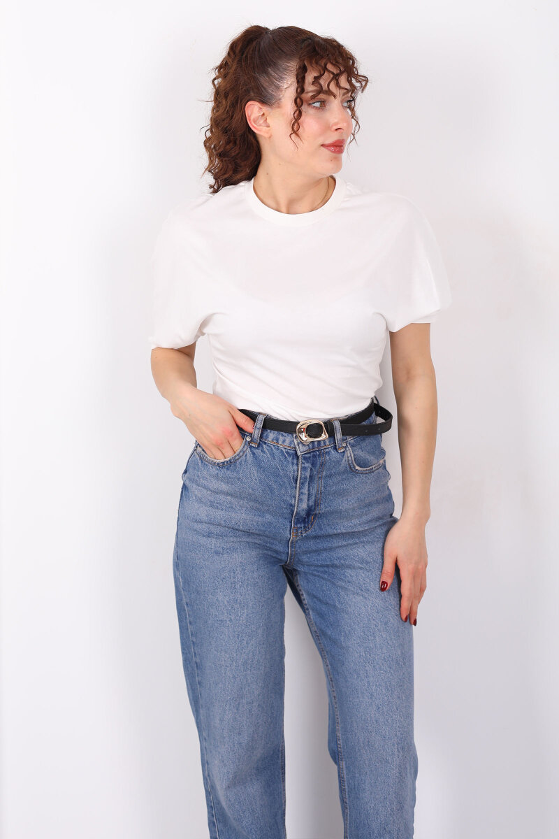 Bisiklet Yaka Kol Altı Drapeli Kısa Kol Beyaz Kadın T-Shirt - 4