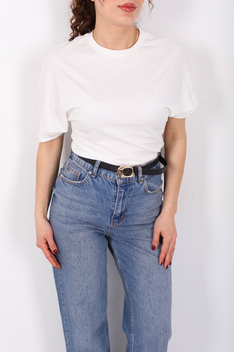 Bisiklet Yaka Kol Altı Drapeli Kısa Kol Beyaz Kadın T-Shirt - 2