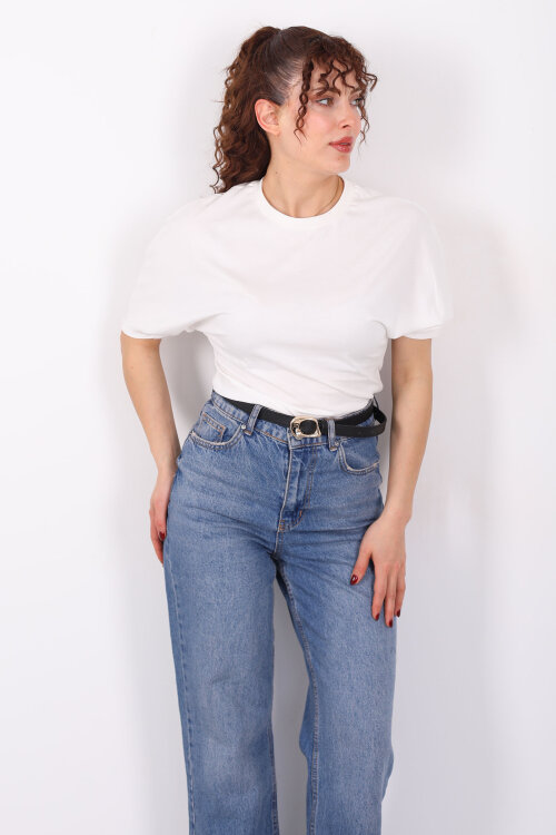 Bisiklet Yaka Kol Altı Drapeli Kısa Kol Beyaz Kadın T-Shirt - Berox