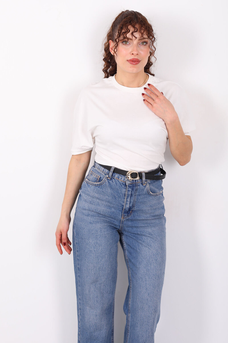 Bisiklet Yaka Kol Altı Drapeli Kısa Kol Beyaz Kadın T-Shirt - 3