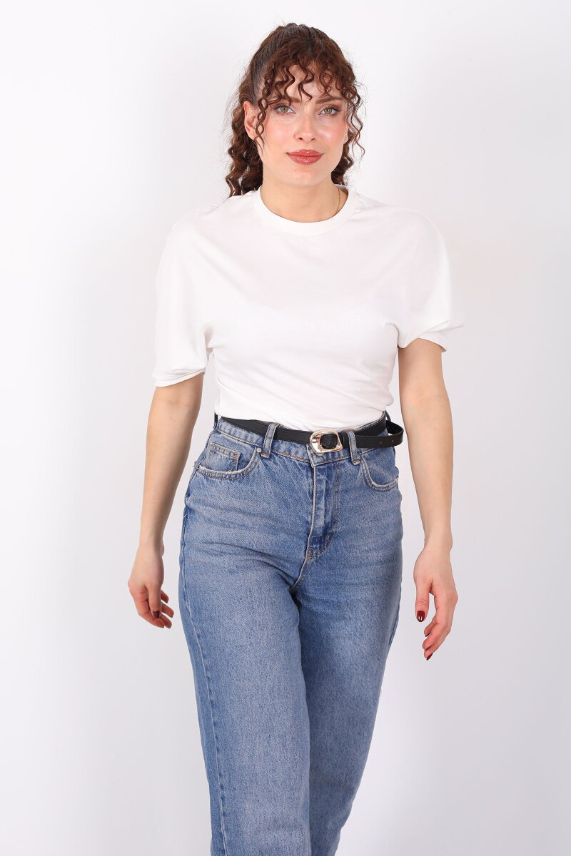 Bisiklet Yaka Kol Altı Drapeli Kısa Kol Beyaz Kadın T-Shirt - 6