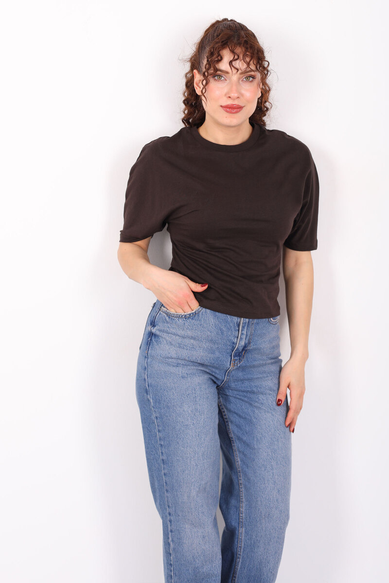 Bisiklet Yaka Kol Altı Drapeli Kısa Kol Kahverengi Kadın T-Shirt - 4