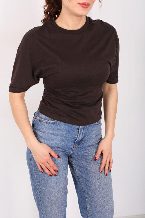 Bisiklet Yaka Kol Altı Drapeli Kısa Kol Kahverengi Kadın T-Shirt - Berox (1)