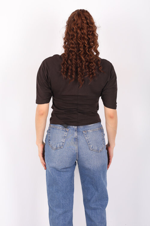 Bisiklet Yaka Kol Altı Drapeli Kısa Kol Kahverengi Kadın T-Shirt - 5