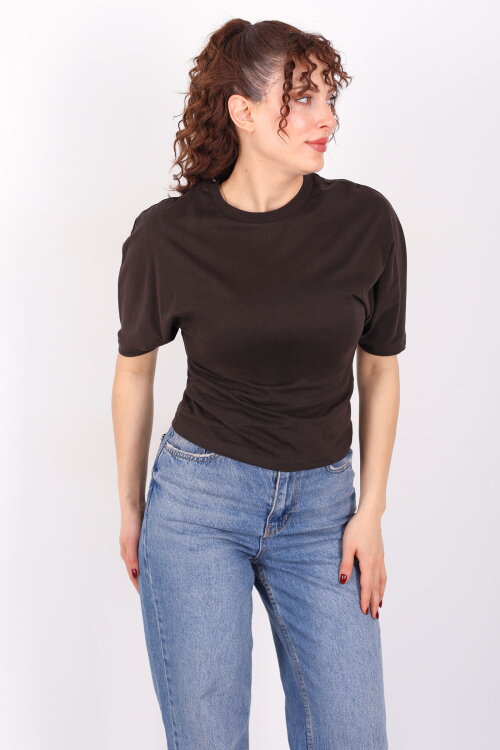 Bisiklet Yaka Kol Altı Drapeli Kısa Kol Kahverengi Kadın T-Shirt - 6