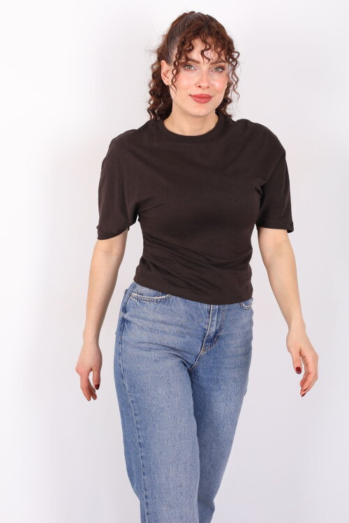 Bisiklet Yaka Kol Altı Drapeli Kısa Kol Kahverengi Kadın T-Shirt - 3