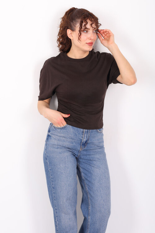 Bisiklet Yaka Kol Altı Drapeli Kısa Kol Kahverengi Kadın T-Shirt - Berox