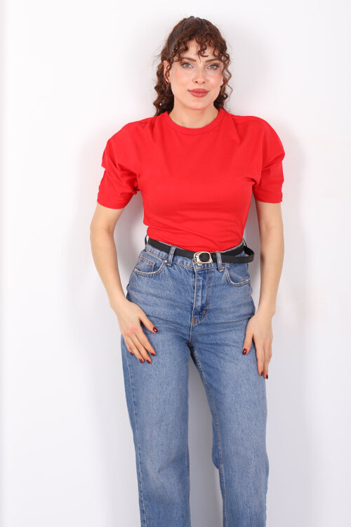 Bisiklet Yaka Kol Altı Drapeli Kısa Kol Kırmızı Kadın T-Shirt - 4