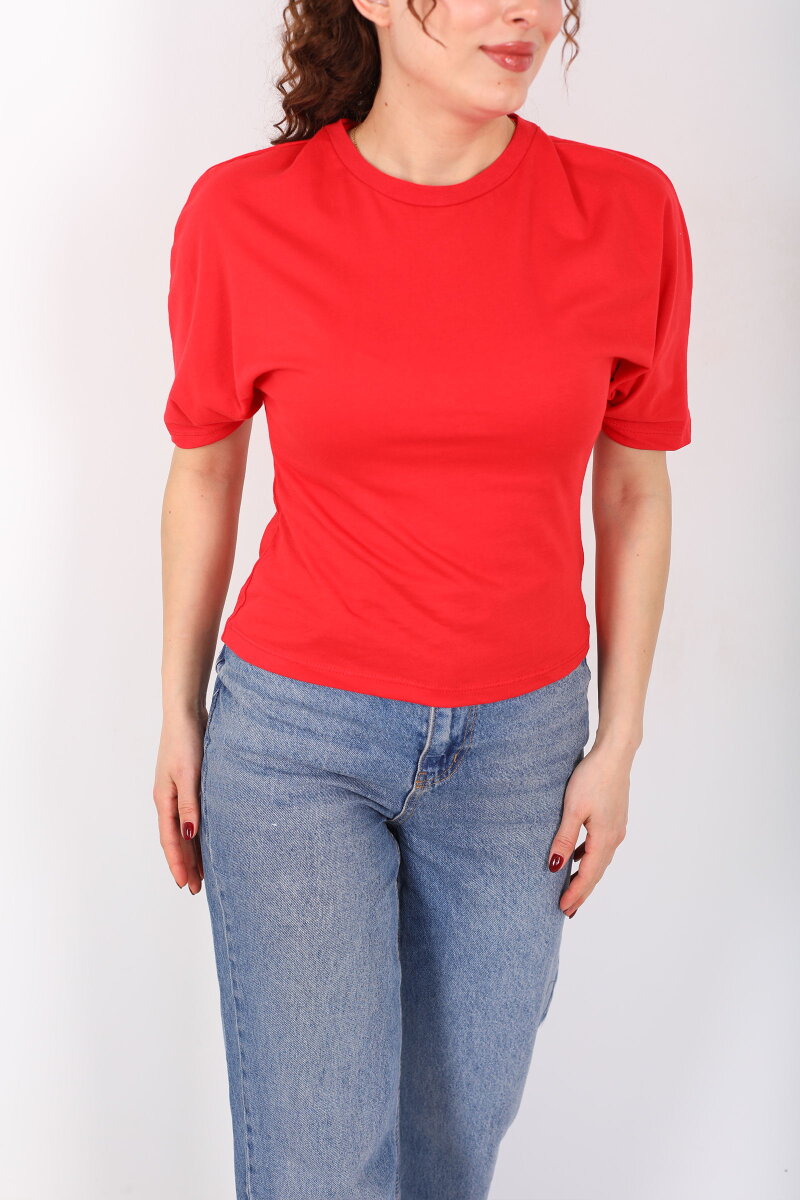Bisiklet Yaka Kol Altı Drapeli Kısa Kol Kırmızı Kadın T-Shirt - 2