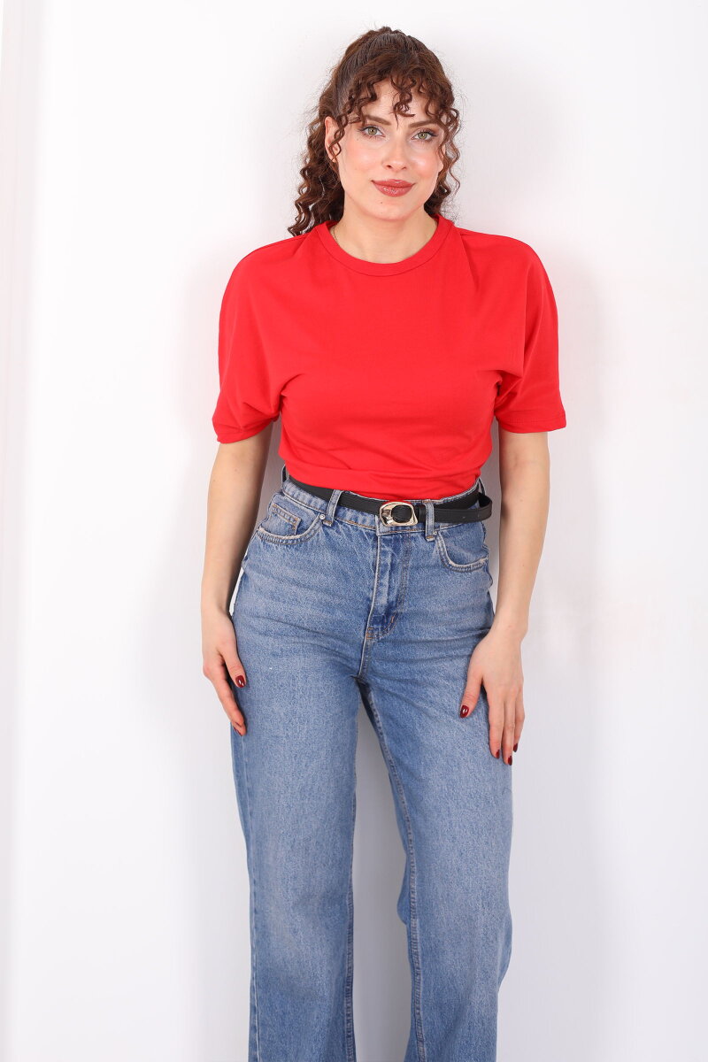 Bisiklet Yaka Kol Altı Drapeli Kısa Kol Kırmızı Kadın T-Shirt - 6