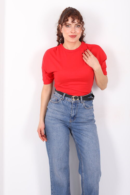 Bisiklet Yaka Kol Altı Drapeli Kısa Kol Kırmızı Kadın T-Shirt - Berox