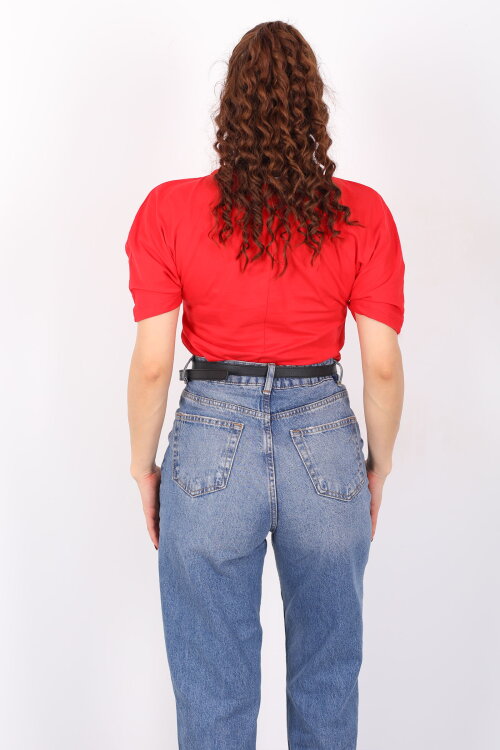 Bisiklet Yaka Kol Altı Drapeli Kısa Kol Kırmızı Kadın T-Shirt - 5