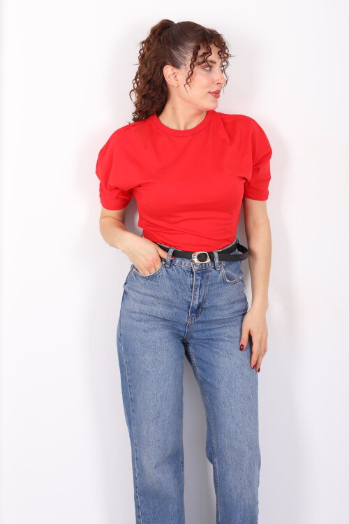 Bisiklet Yaka Kol Altı Drapeli Kısa Kol Kırmızı Kadın T-Shirt - 3