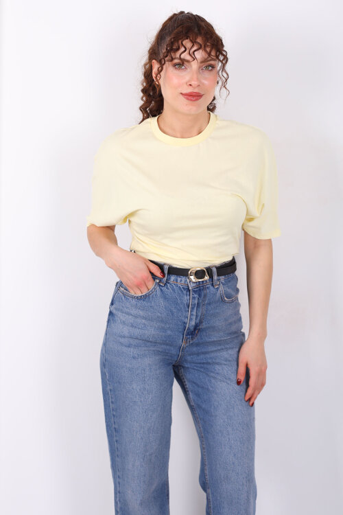 Bisiklet Yaka Kol Altı Drapeli Kısa Kol Sarı Kadın T-Shirt - Berox