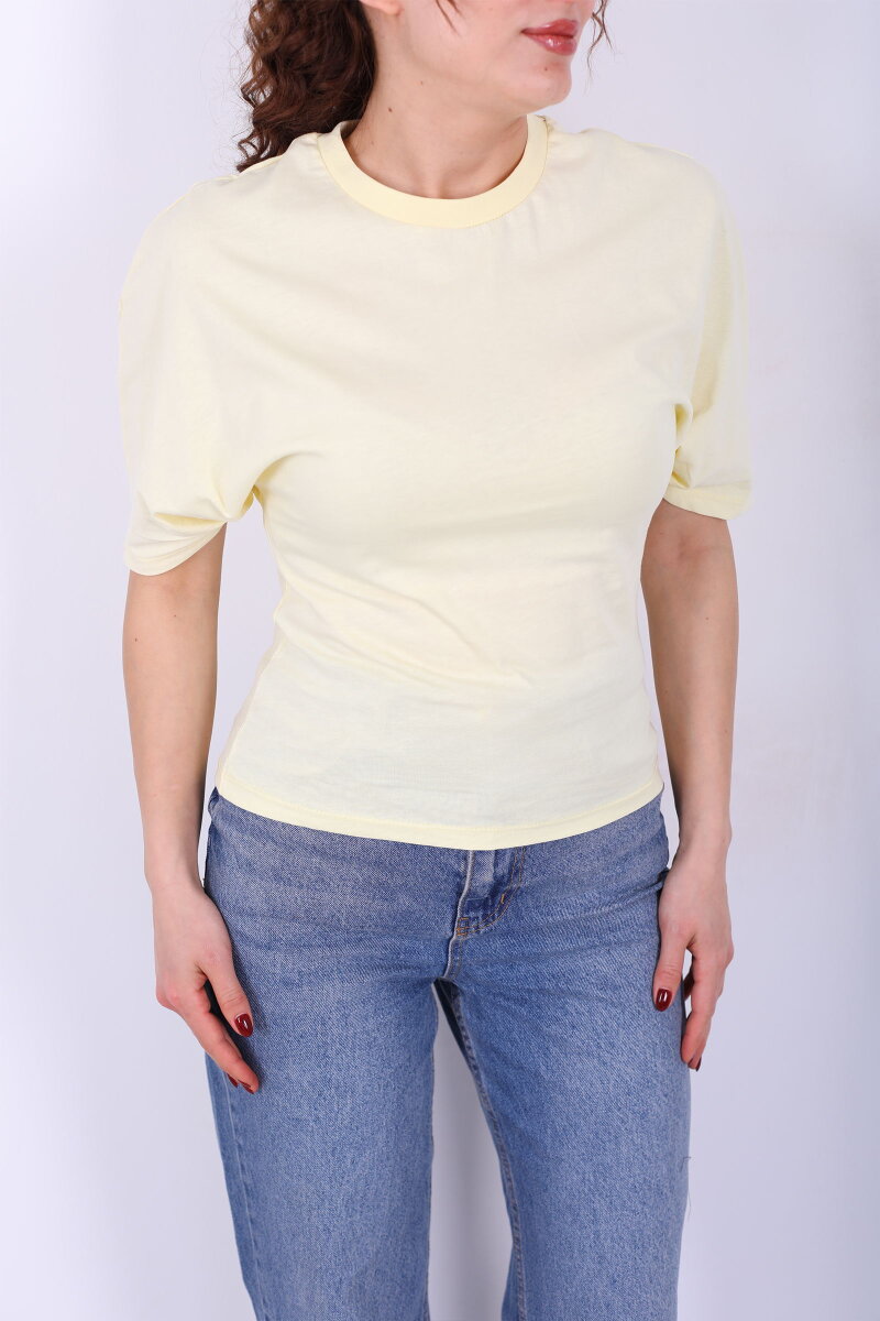 Bisiklet Yaka Kol Altı Drapeli Kısa Kol Sarı Kadın T-Shirt - 2