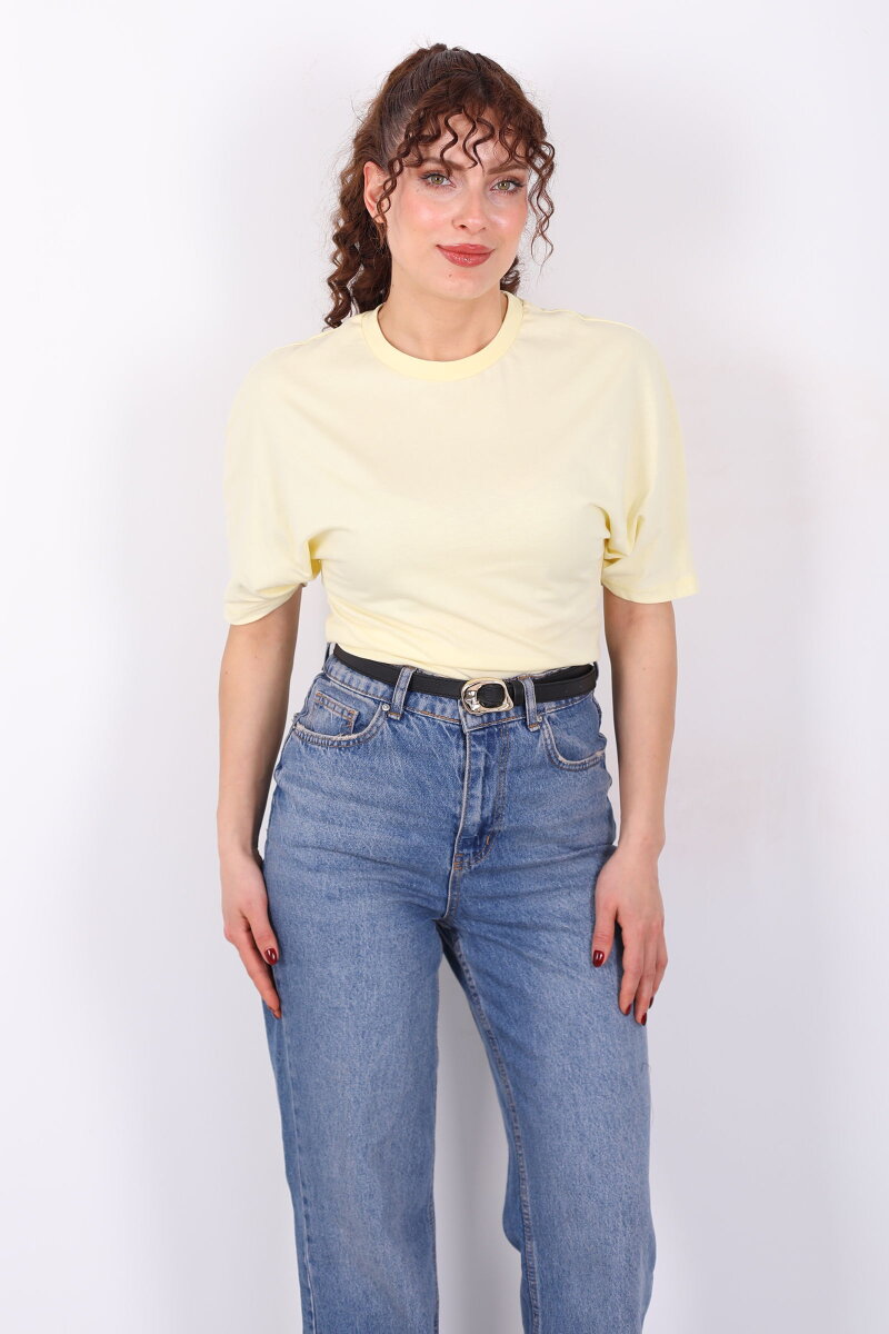 Bisiklet Yaka Kol Altı Drapeli Kısa Kol Sarı Kadın T-Shirt - 6