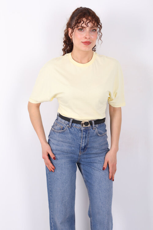 Bisiklet Yaka Kol Altı Drapeli Kısa Kol Sarı Kadın T-Shirt - 4