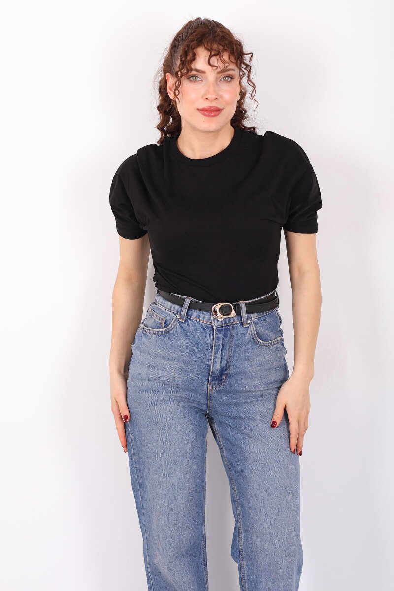 Bisiklet Yaka Kol Altı Drapeli Kısa Kol Siyah Kadın T-Shirt - 4